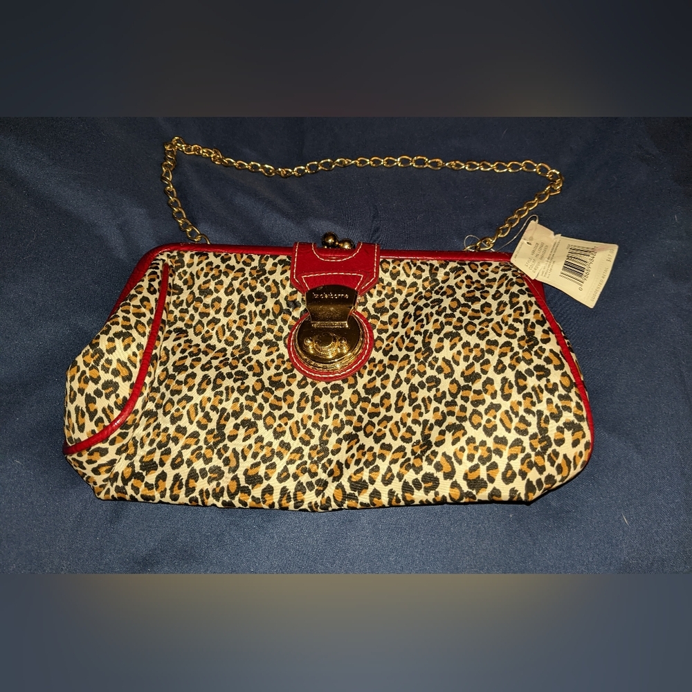 Liz Claiborne Leopard Print Clutch with Red and Gold Accents NWT